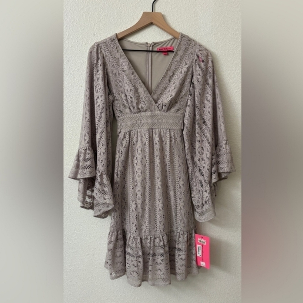New Betsey Johnson Lace Mesh Boho Back Tie Dress size 2 grey/beige